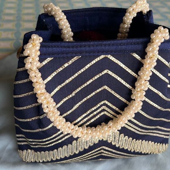 Handmade Fabric Bag with Beaded Handles Chevron Golden Stripes on Blue Base - Picture 1 of 14